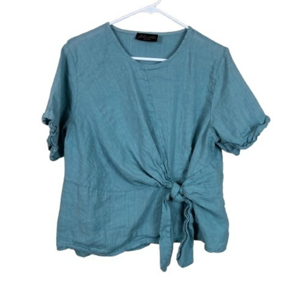 VTG Y2K Gabriella Made In Italy 100% Linen Blue Tie Front Top Medium Minimalist